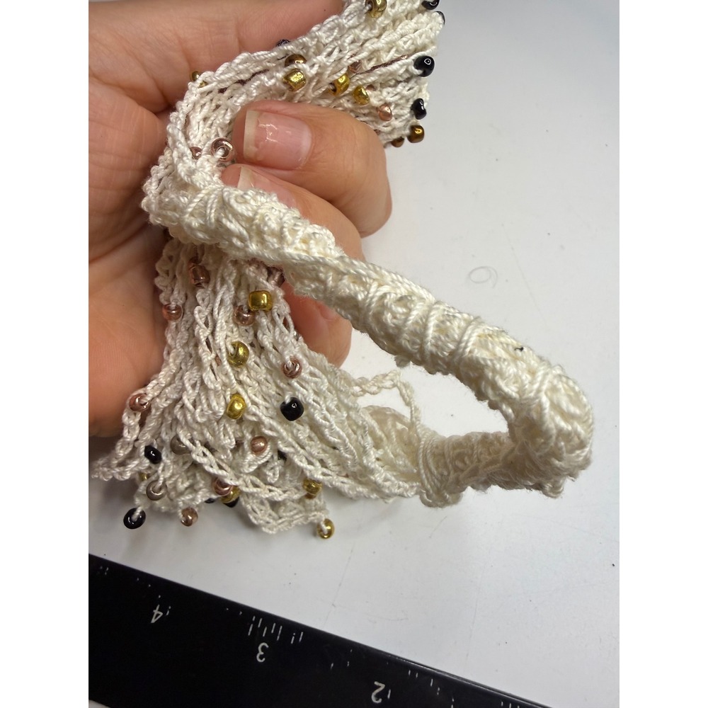 Handmade Crochet Multi Strand Seed Bead Necklace Cream Boho Fiber Jewelry